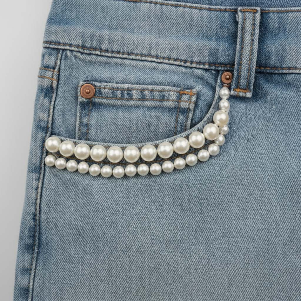 Jeanstasche mit Perlenverzierung vorne